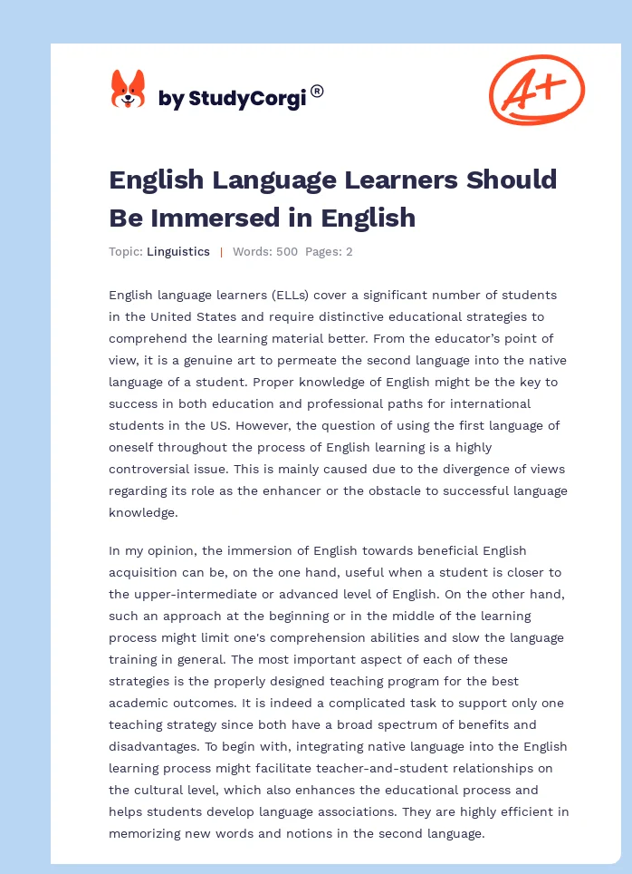 English Language Learners Should Be Immersed in English. Page 1