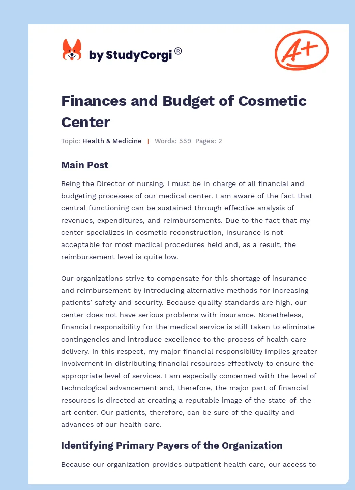 Finances and Budget of Cosmetic Center. Page 1
