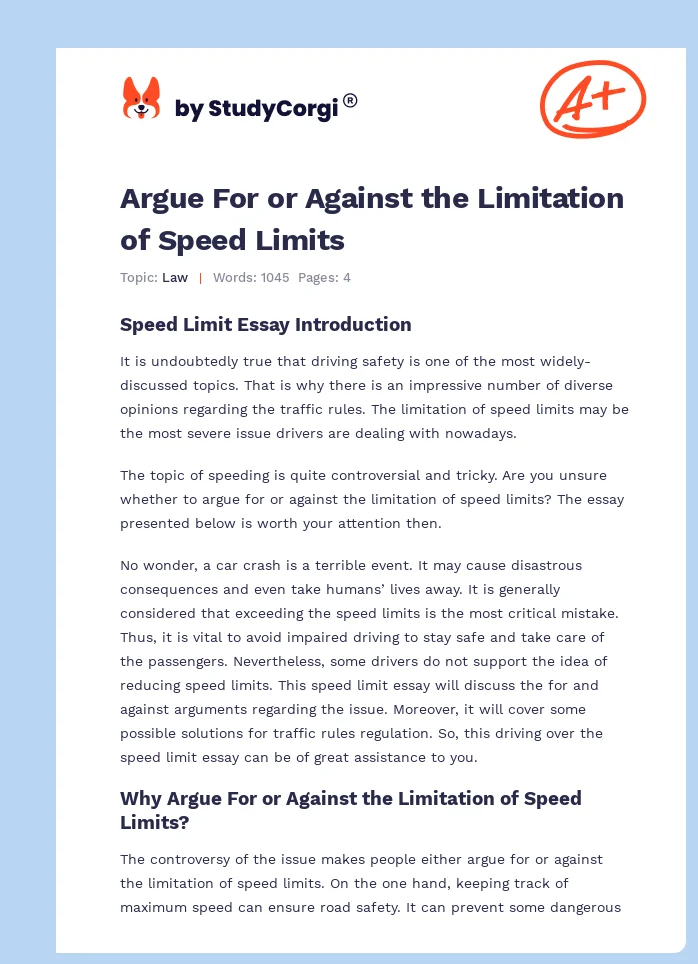 Argue For or Against the Limitation of Speed Limits. Page 1