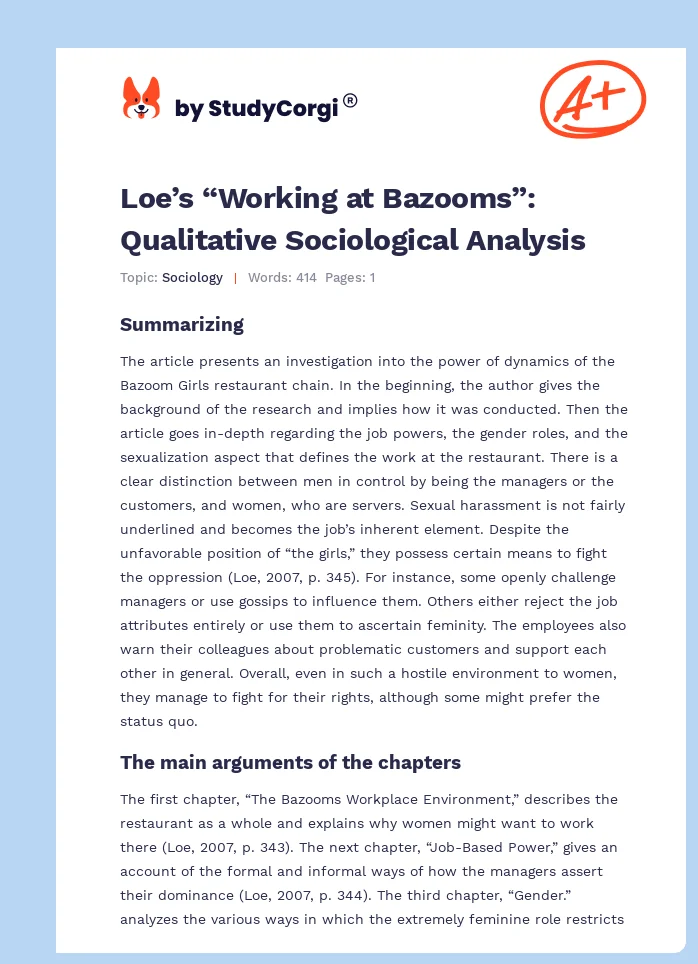 Loe’s “Working at Bazooms”: Qualitative Sociological Analysis. Page 1