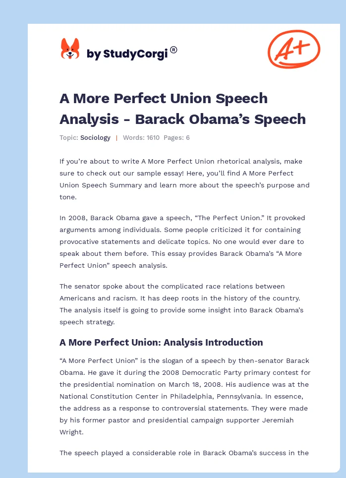 A More Perfect Union Speech Analysis - Barack Obama’s Speech. Page 1