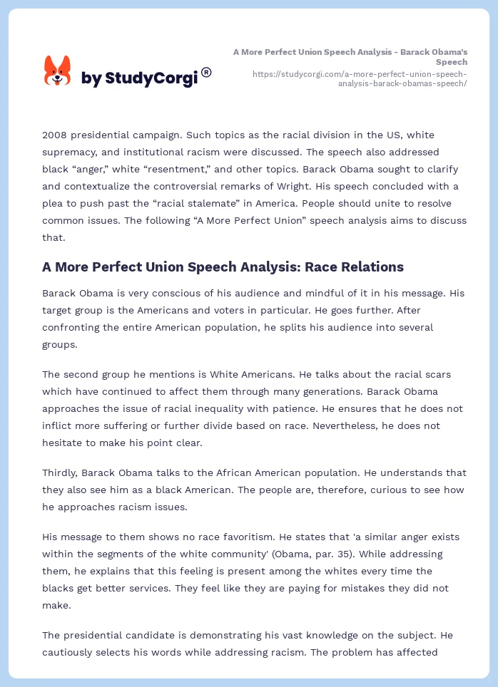 A More Perfect Union Speech Analysis - Barack Obama’s Speech. Page 2