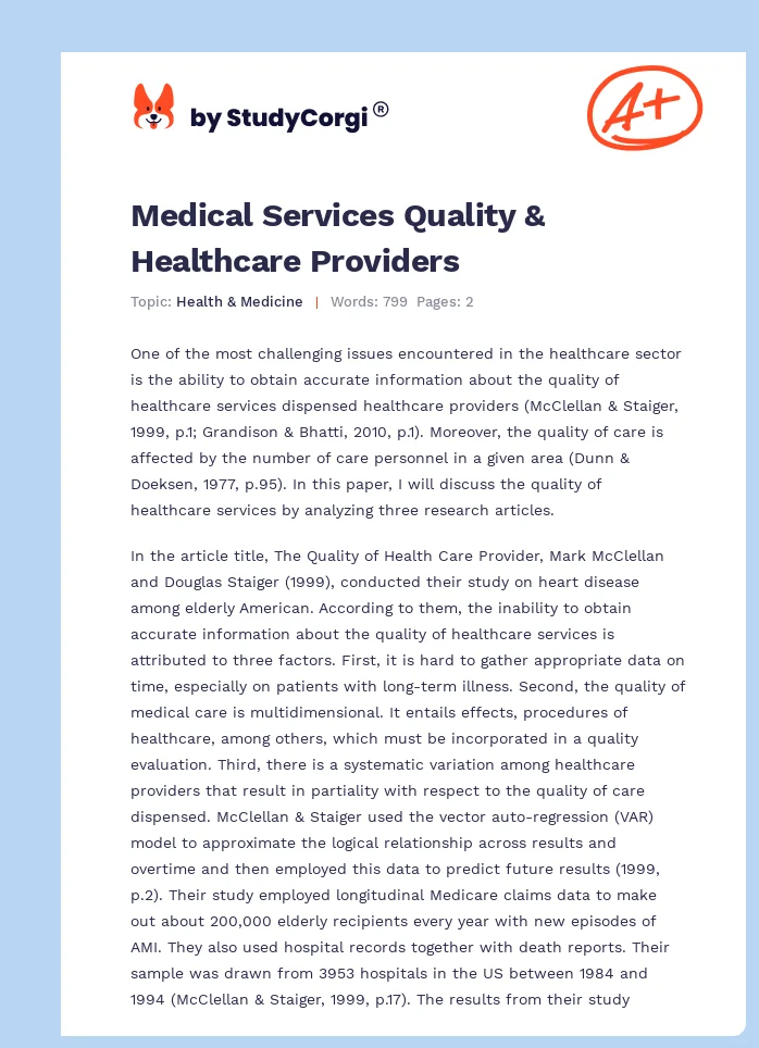Medical Services Quality & Healthcare Providers. Page 1