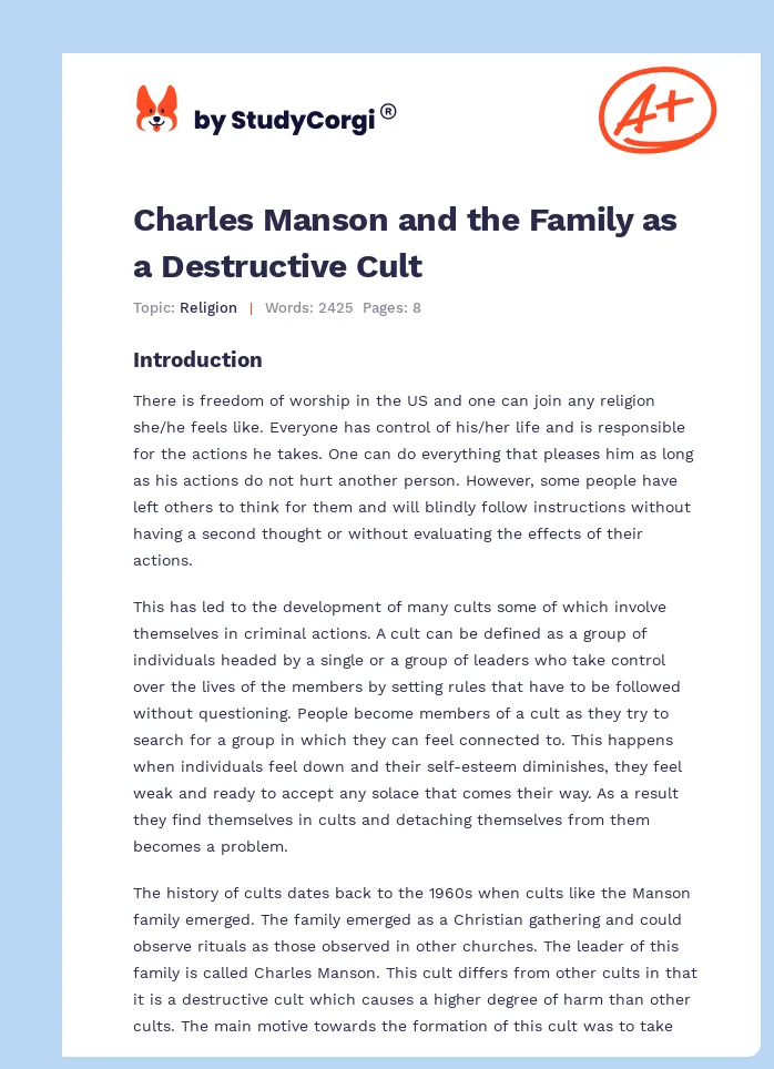 Charles Manson and the Family as a Destructive Cult. Page 1