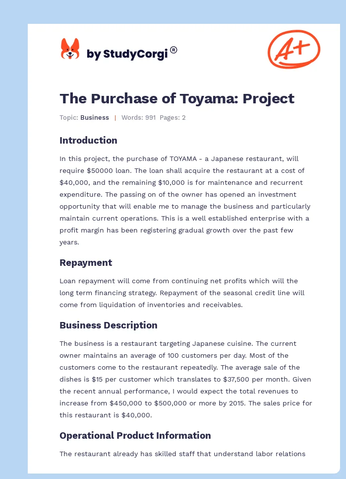 The Purchase of Toyama: Project. Page 1