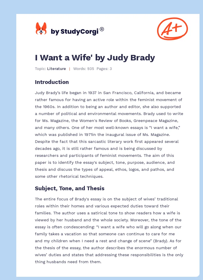 I Want a Wife' by Judy Brady. Page 1