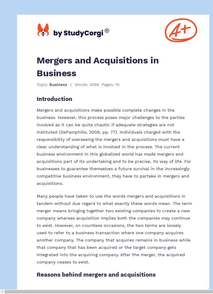 Mergers and Acquisitions in Business. Page 1