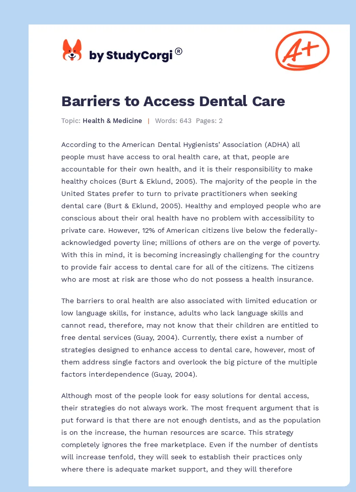 Barriers to Access Dental Care. Page 1