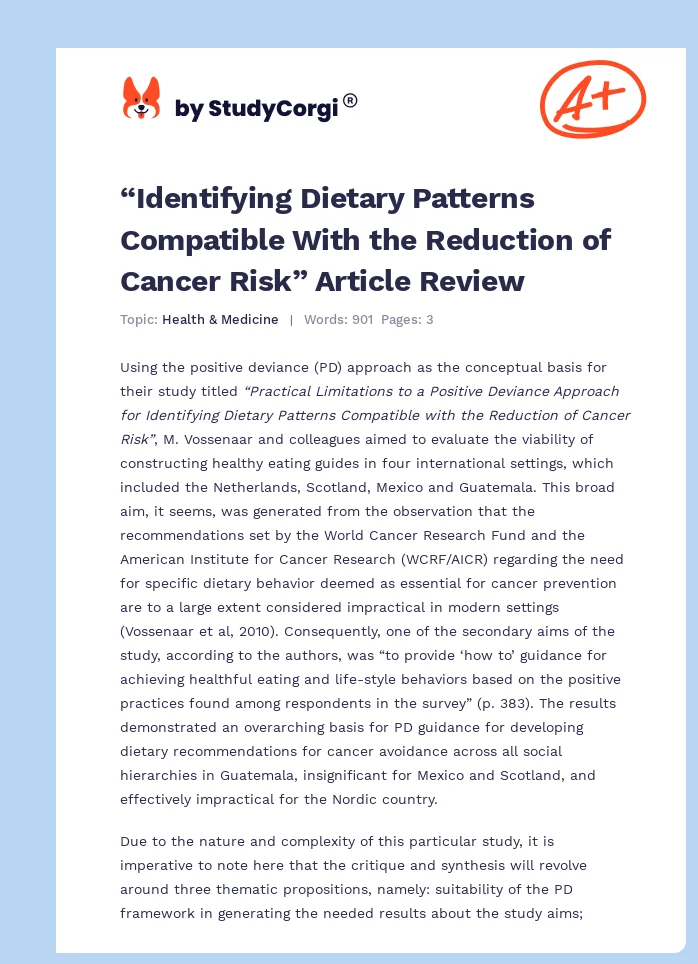 “Identifying Dietary Patterns Compatible With the Reduction of Cancer Risk” Article Review. Page 1