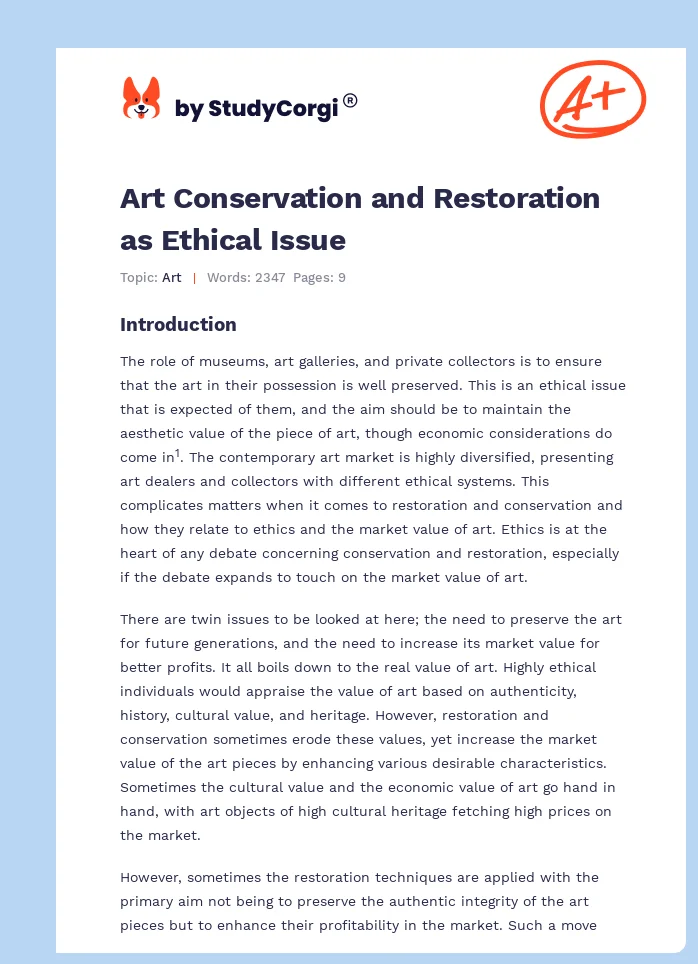 Art Conservation and Restoration as Ethical Issue. Page 1