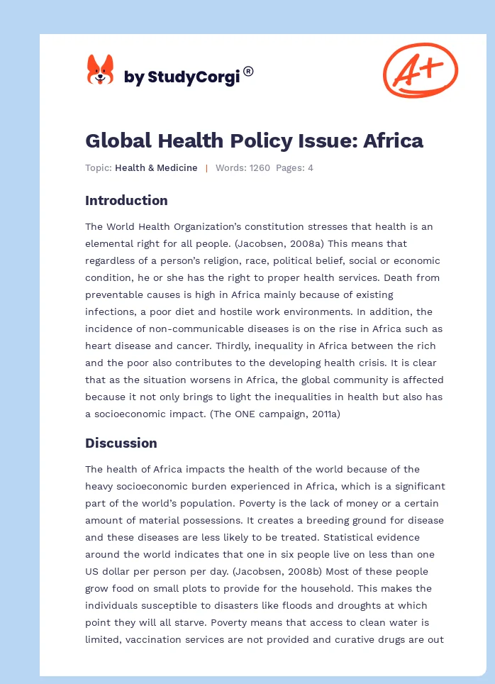 Global Health Policy Issue: Africa. Page 1