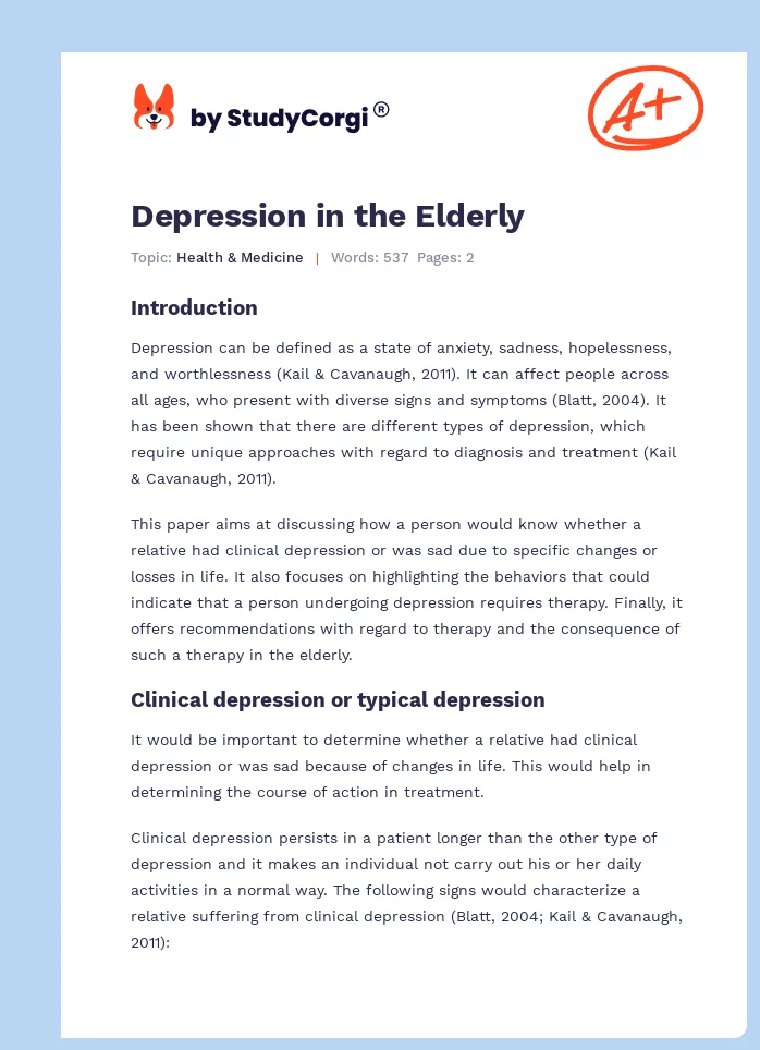 Depression in the Elderly. Page 1