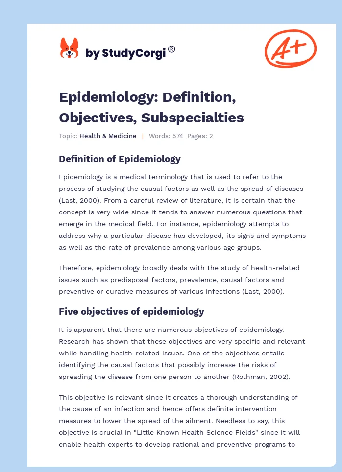 Epidemiology: Definition, Objectives, Subspecialties. Page 1