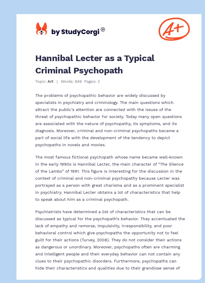 Hannibal Lecter as a Typical Criminal Psychopath. Page 1