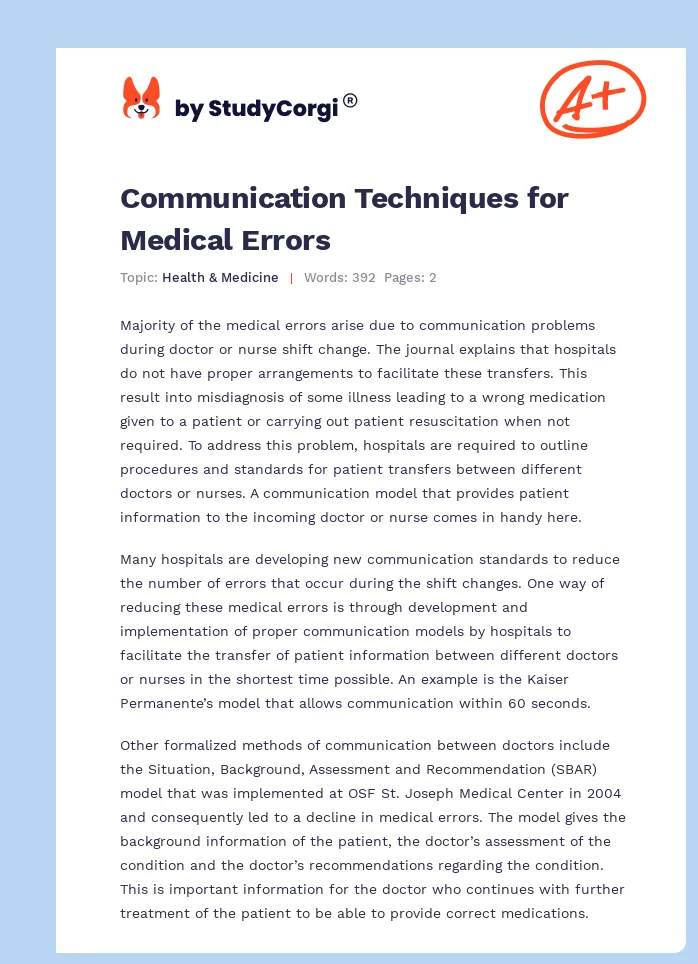 Communication Techniques for Medical Errors. Page 1
