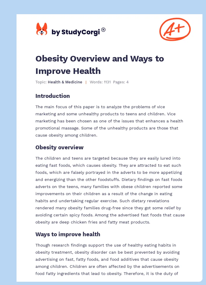Obesity Overview and Ways to Improve Health. Page 1