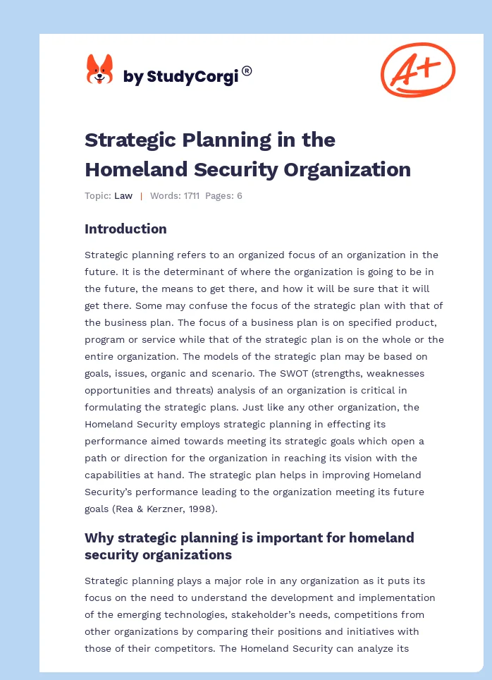 Strategic Planning in the Homeland Security Organization. Page 1