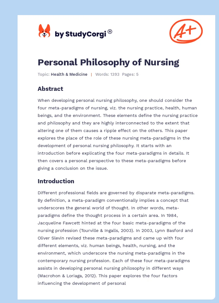 Personal Philosophy of Nursing. Page 1