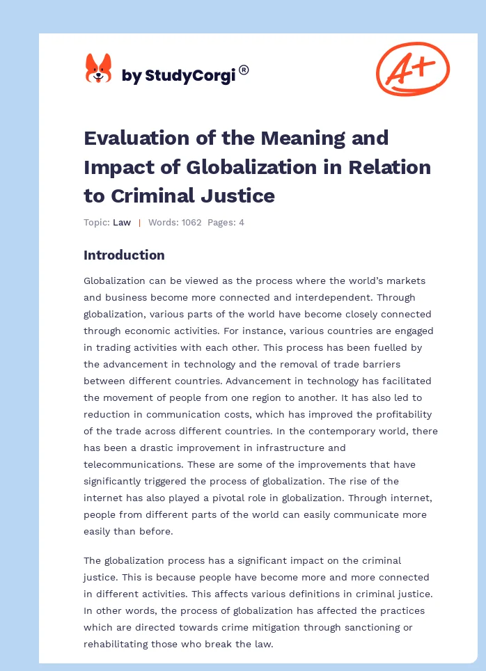 Evaluation of the Meaning and Impact of Globalization in Relation to Criminal Justice. Page 1