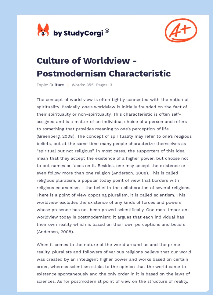 Culture of Worldview - Postmodernism Characteristic. Page 1