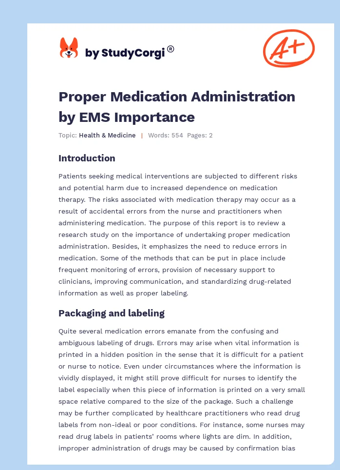 Proper Medication Administration by EMS Importance. Page 1