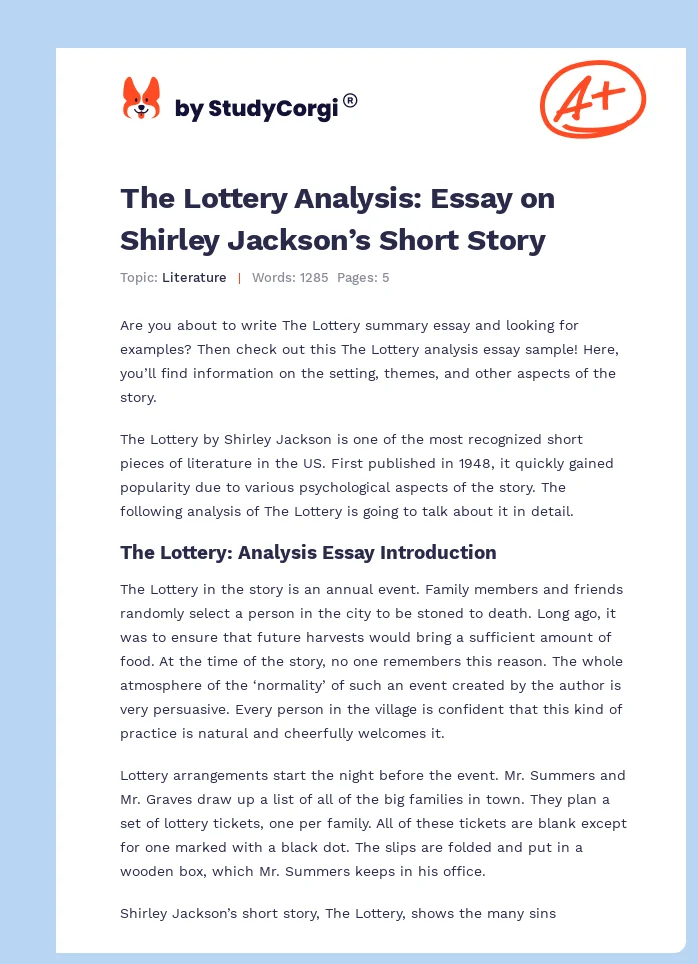 The Lottery Analysis: Essay on Shirley Jackson’s Short Story. Page 1