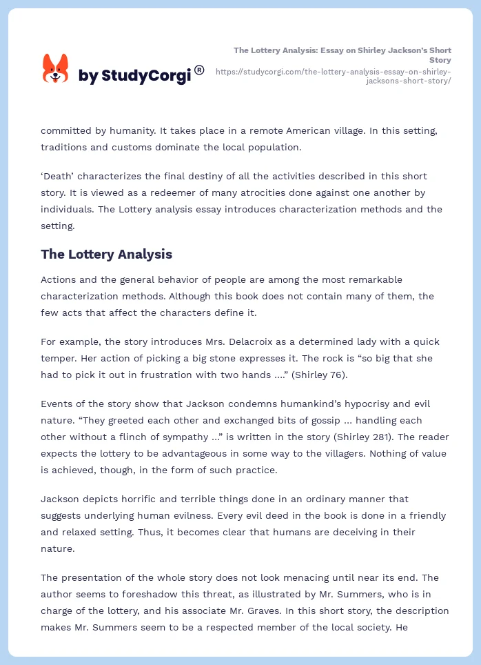 The Lottery Analysis: Essay on Shirley Jackson’s Short Story. Page 2