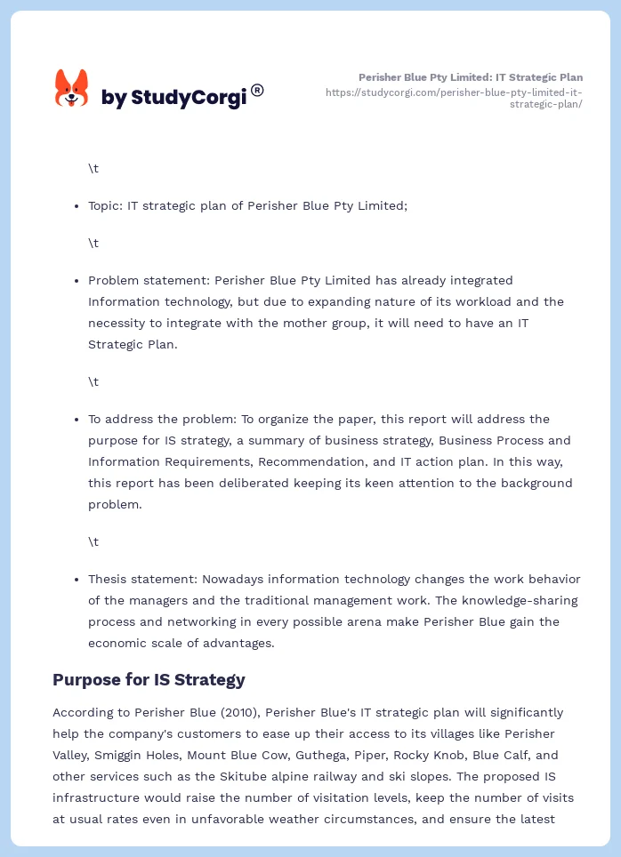 Perisher Blue Pty Limited: IT Strategic Plan. Page 2
