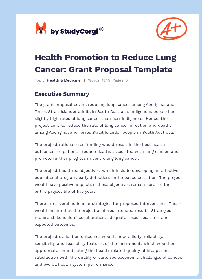 Health Promotion to Reduce Lung Cancer: Grant Proposal Template. Page 1