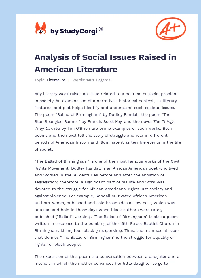 Analysis of Social Issues Raised in American Literature. Page 1