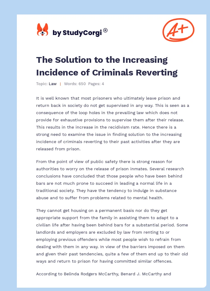 The Solution to the Increasing Incidence of Criminals Reverting. Page 1