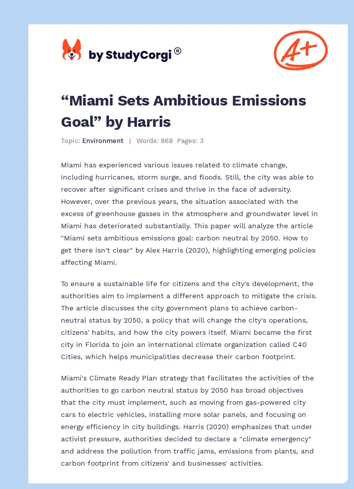 “Miami Sets Ambitious Emissions Goal” by Harris. Page 1