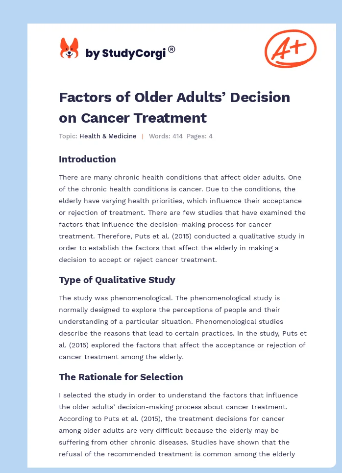 Factors of Older Adults’ Decision on Cancer Treatment. Page 1