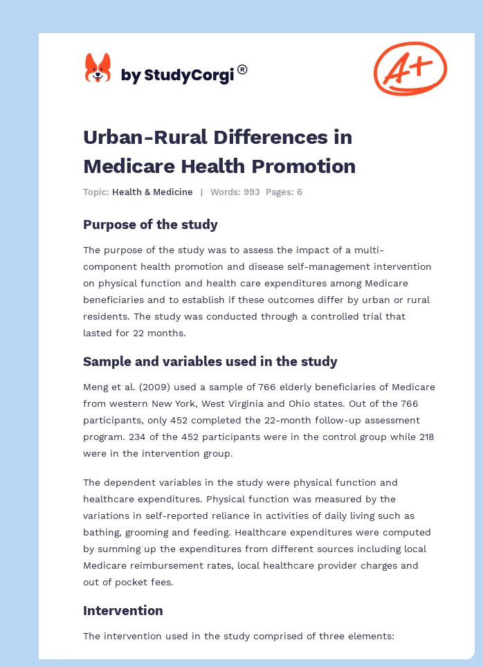 Urban-Rural Differences in Medicare Health Promotion. Page 1