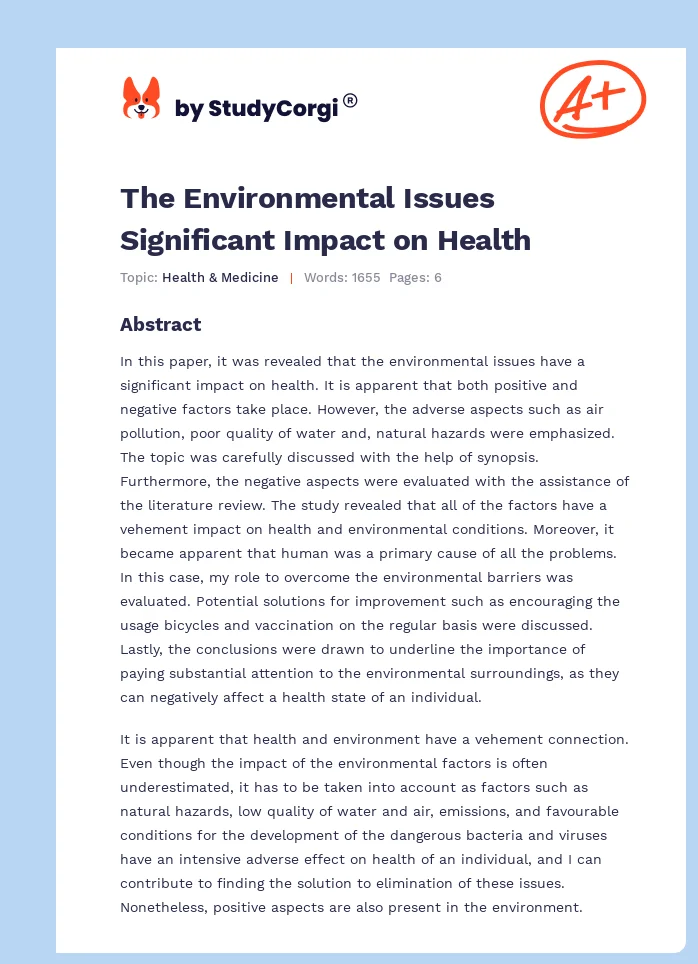 The Environmental Issues Significant Impact on Health. Page 1