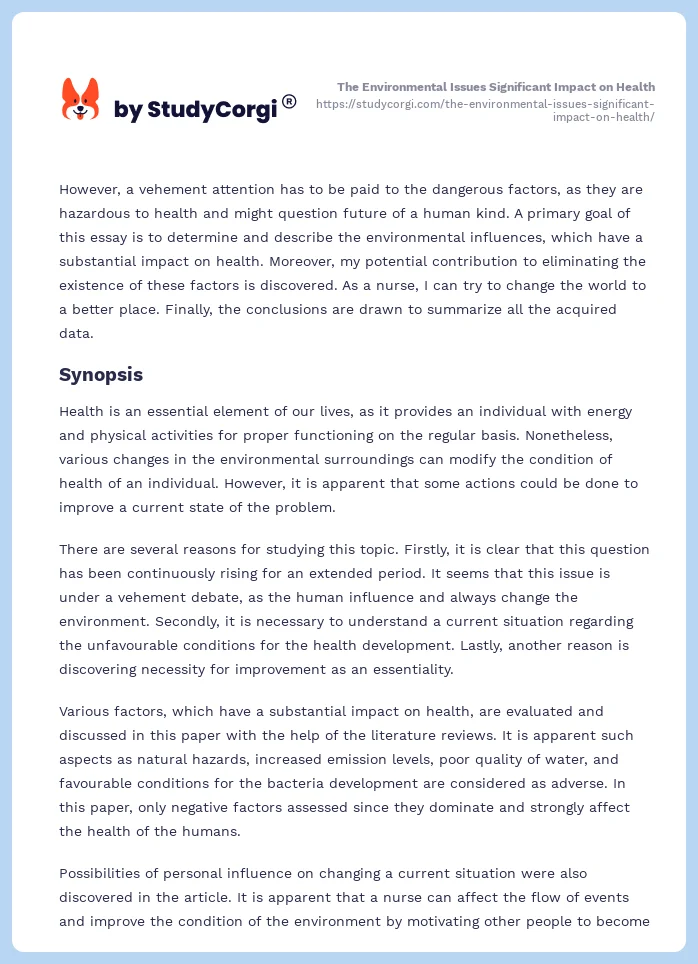 The Environmental Issues Significant Impact on Health. Page 2