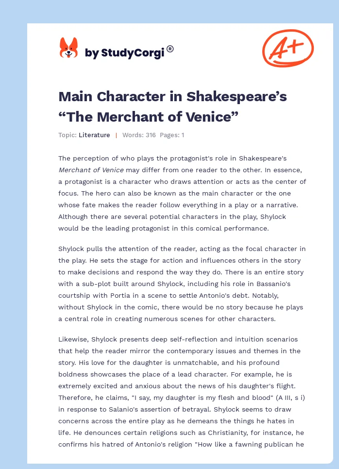 Main Character in Shakespeare’s “The Merchant of Venice”. Page 1