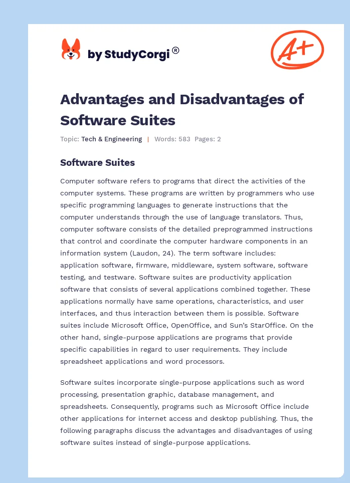 Advantages and Disadvantages of Software Suites. Page 1