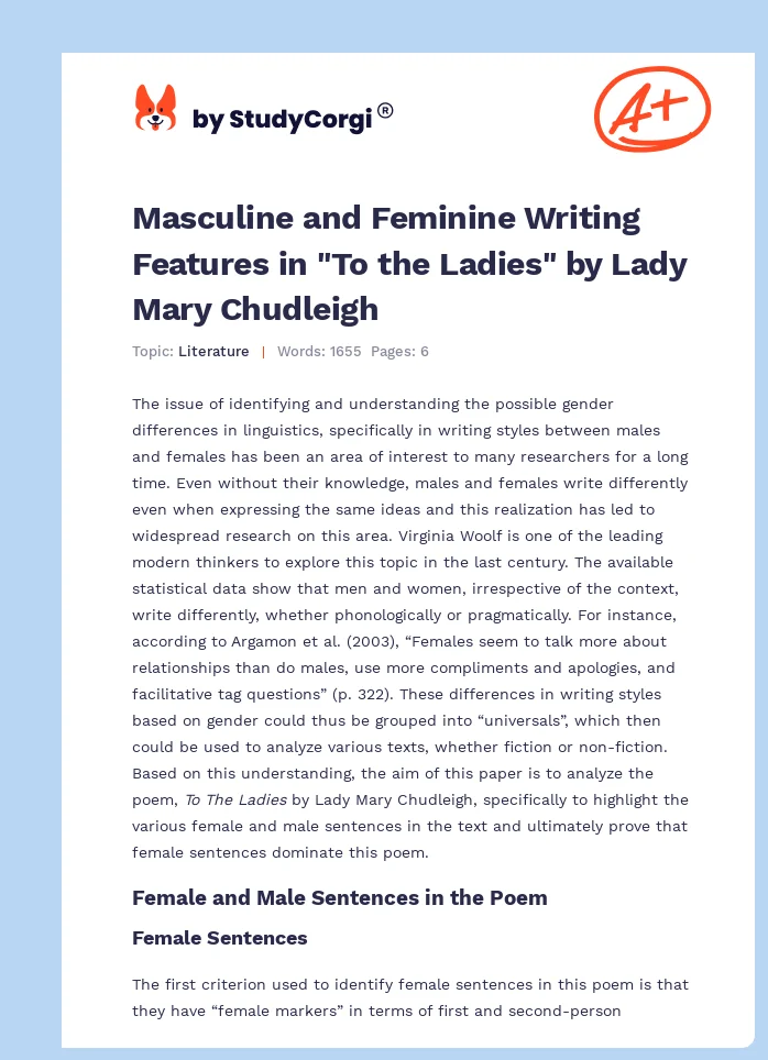 Masculine and Feminine Writing Features in "To the Ladies" by Lady Mary Chudleigh. Page 1