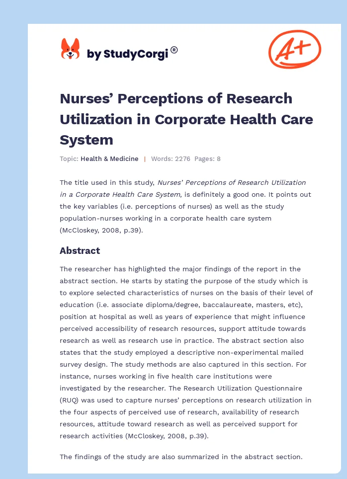 Nurses’ Perceptions of Research Utilization in Corporate Health Care System. Page 1