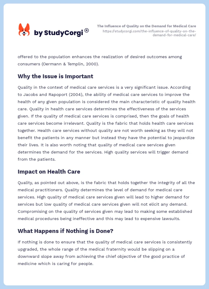 The Influence of Quality on the Demand for Medical Care. Page 2