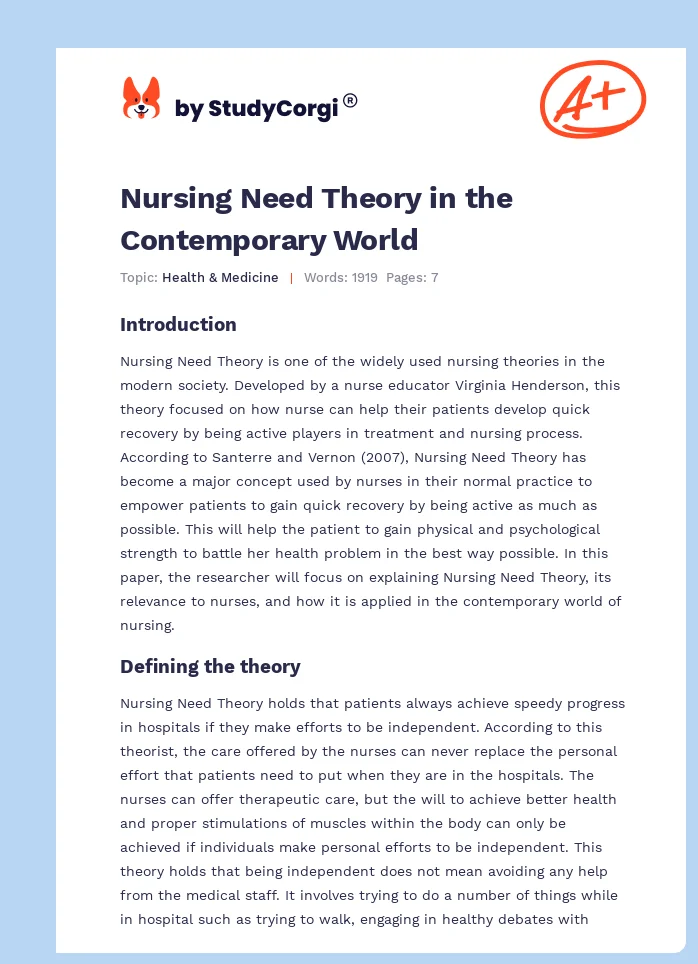 Nursing Need Theory in the Contemporary World. Page 1