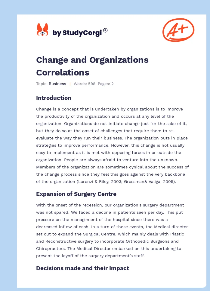 Change and Organizations Correlations. Page 1