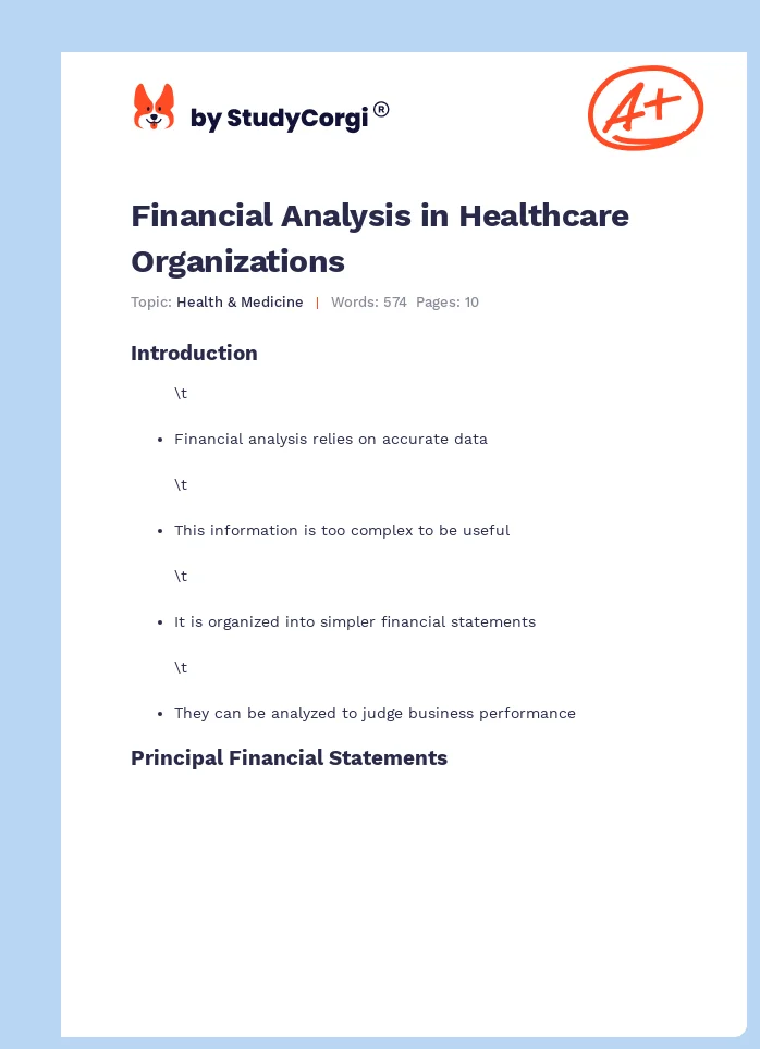 Financial Analysis in Healthcare Organizations. Page 1