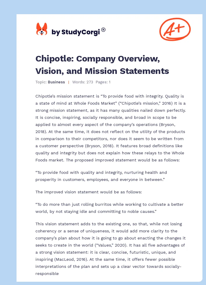 Chipotle: Company Overview, Vision, and Mission Statements. Page 1