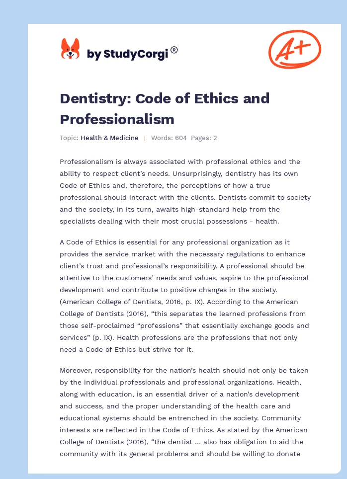 Dentistry: Code of Ethics and Professionalism. Page 1