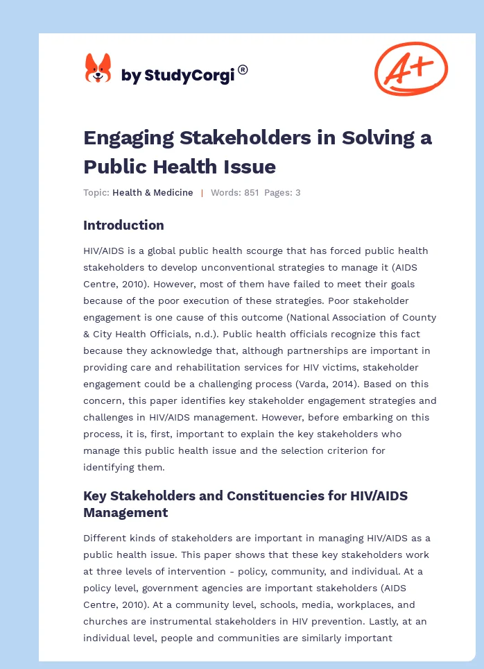 Engaging Stakeholders in Solving a Public Health Issue. Page 1