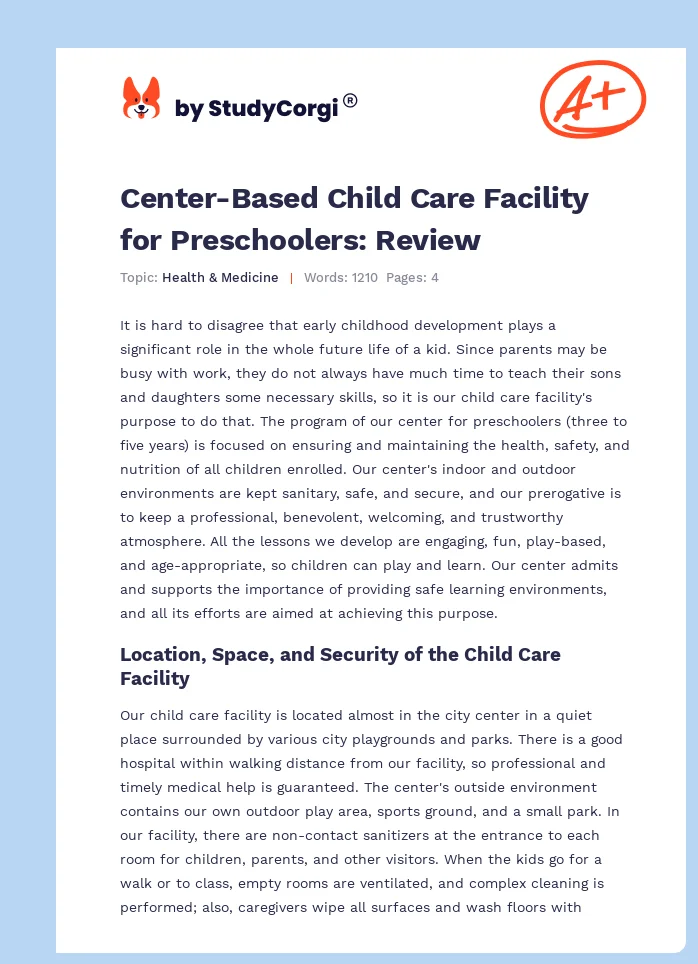Center-Based Child Care Facility for Preschoolers: Review. Page 1