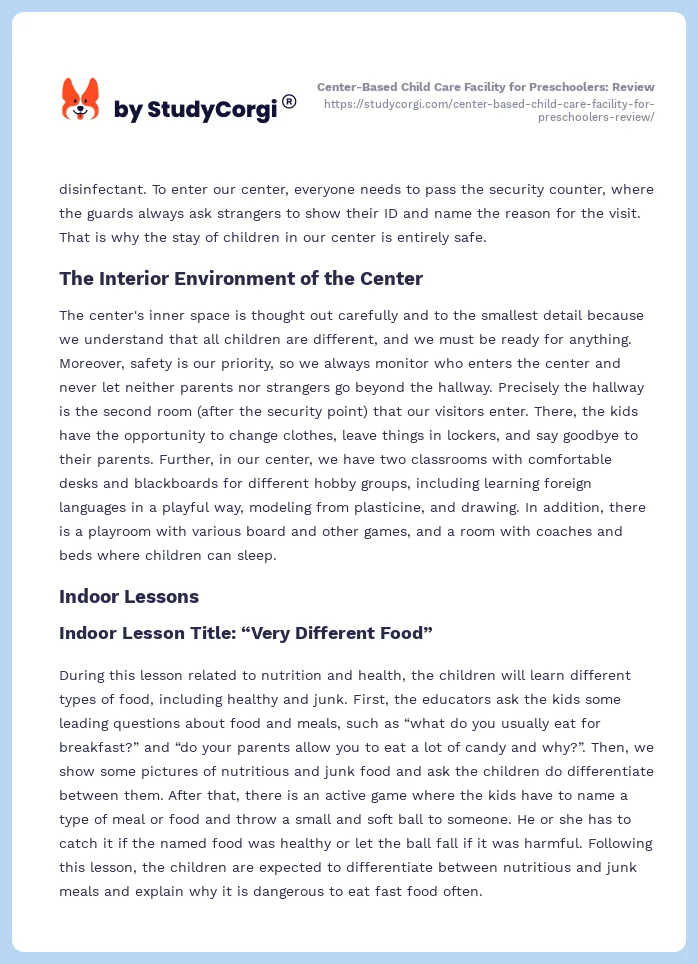 Center-Based Child Care Facility for Preschoolers: Review. Page 2
