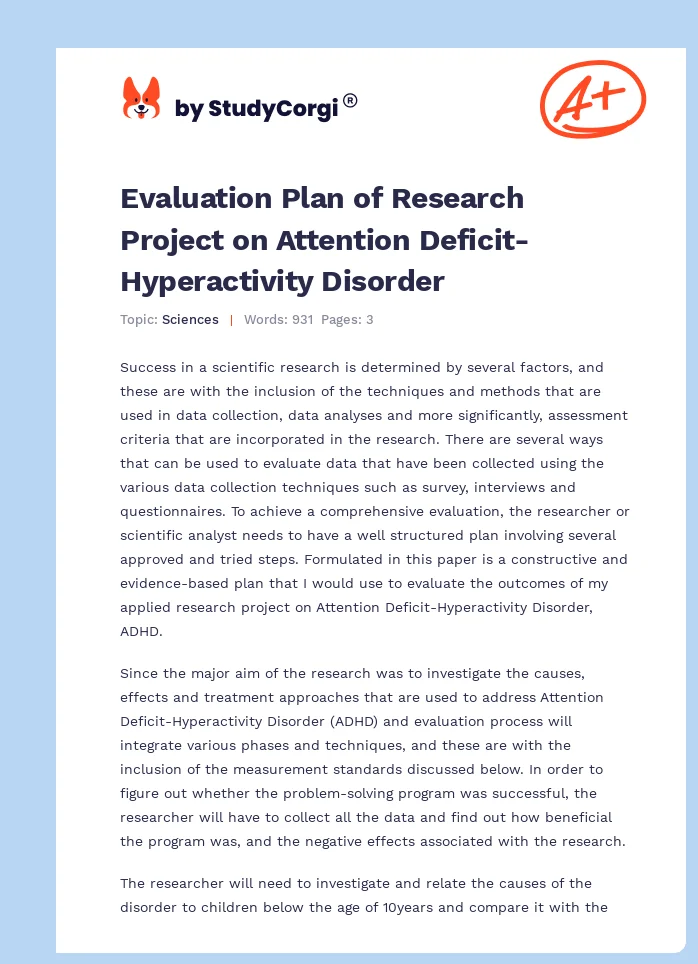 Evaluation Plan of Research Project on Attention Deficit-Hyperactivity Disorder. Page 1